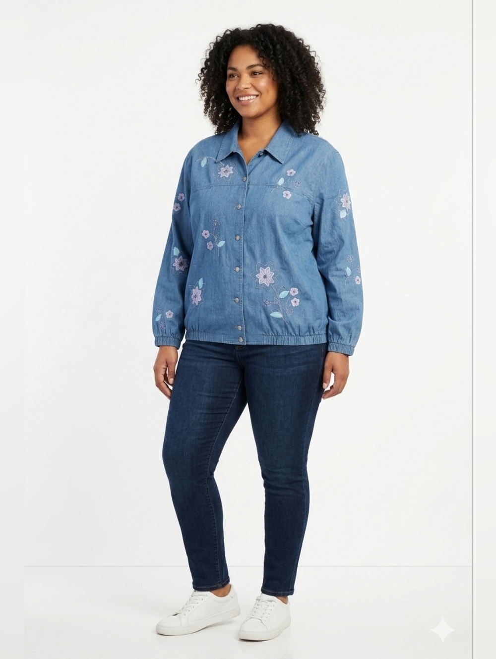 Vintage Alfred Dunner Embroidered Floral Denim Jacket - Size 18